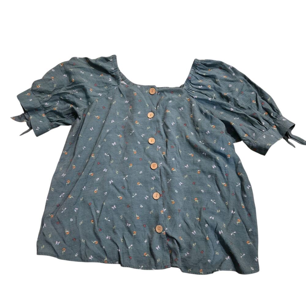 LC Lauren Conrad Teal Floral Puff Sleeve Button Front Top - Picture 2 of 8